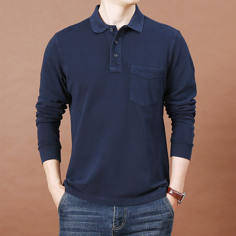 春秋季水洗纯棉纯色宽松翻领polo衫 简顿T恤