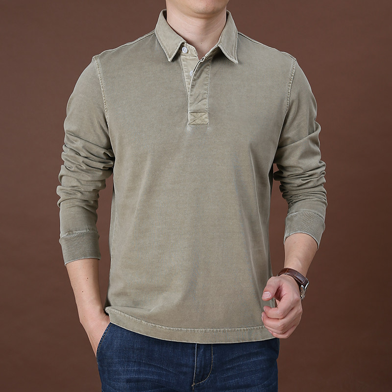 水洗纯棉翻领长袖男士宽松polo衫 简顿T恤