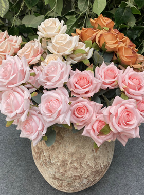 厂家仿真花束装饰摆件9头小角玫 室内家居婚礼拍摄绢布假花