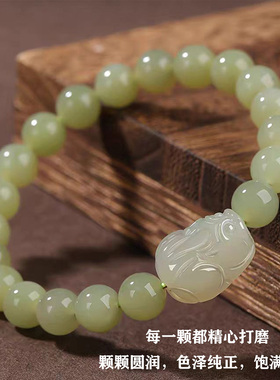 天然圆珠和田玉貔貅手串青白玉卡8mm珠手链百搭手环玉串一物一证