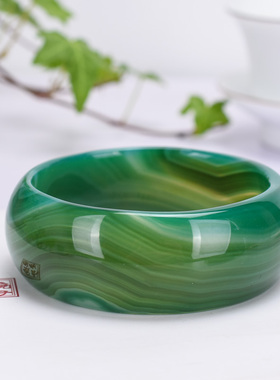 巴西天然草绿色缠丝玛瑙玉髓手镯轮胎版加宽加厚复古百搭款赠证书