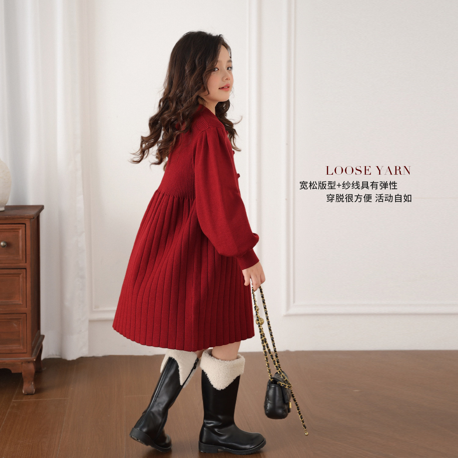 NORNOR陈大猪女童红色毛衣裙25冬款保暖好看新中式儿童年装连衣裙,淘宝优惠券,粉丝福利购,淘宝优惠卷
