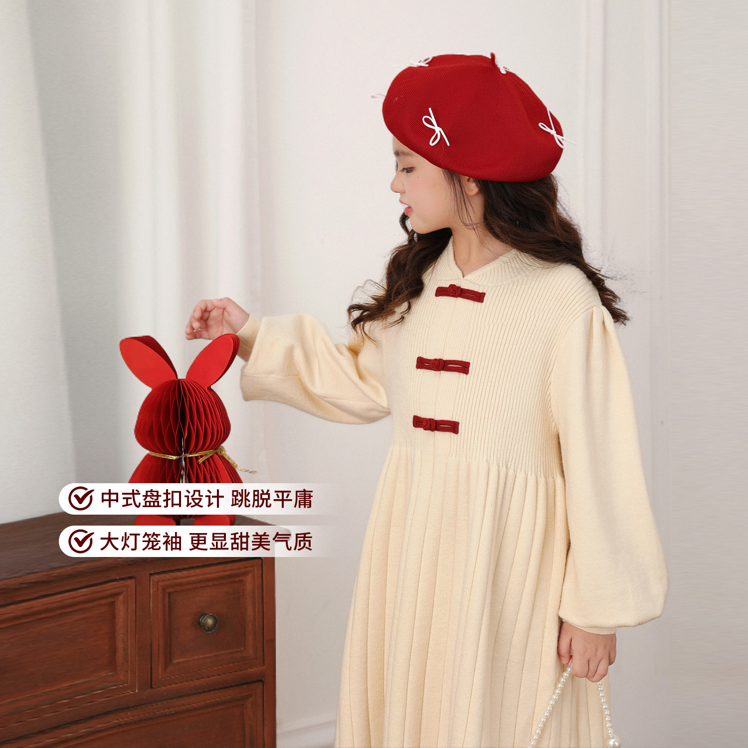 NORNOR陈大猪女童红色毛衣裙25冬款保暖好看新中式儿童年装连衣裙,淘宝优惠券,粉丝福利购,淘宝优惠卷