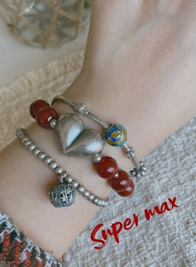 Super max 原创小众设计纯银s925复古做旧爱心玛瑙叠戴百搭手链女