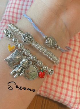 supermax原创设计S925纯银复古做旧可爱小熊薯片爱心笑脸草莓手链