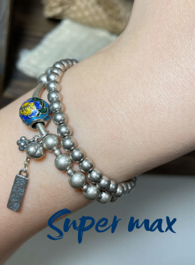 Super max原创小众纯银s925事事如意复古蓝色花珠做旧叠戴手链