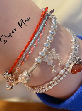 原创小众设计s925纯银爱心蝴蝶素银简约银珠叠戴冷淡风珠珠手链