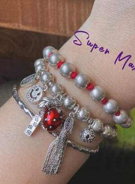 Supermax原创小众设计纯银s925复古做旧银珠笑脸草莓流苏铃铛手链