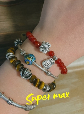 原创小众设计款足银999招财可爱猫福袋玛瑙叠戴百搭手链女