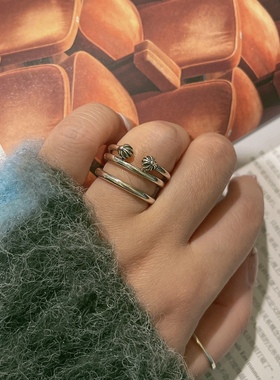 纯银小众设计款简约做旧十字叠戴百搭INS风戒指指环饰品银饰925银