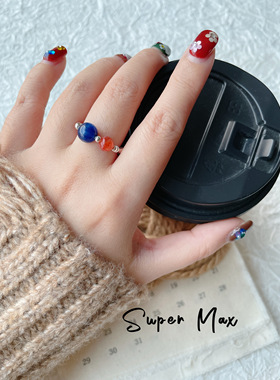 原创s925纯银小众设计蓝晶金草莓水晶竹节弹力叠戴百搭个性戒指