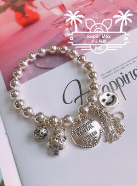 招财猫纯银刻字圆牌流苏铃铛手链