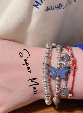 小众设计新中式复古原创s925纯银大象吉祥琉璃蝴蝶做旧银珠手链