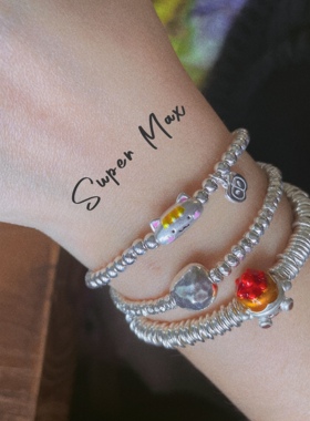 原创设计小众纯银S925法棍小猫小苹果小银珠叠戴简约手链女