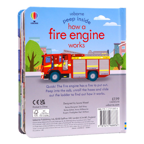 Usborne出版 偷偷看里面系列 消防车 纸板翻翻书洞洞书 英文原版绘本 Peep Inside how a Fire Engine works尤斯伯恩科普认知 - 图0