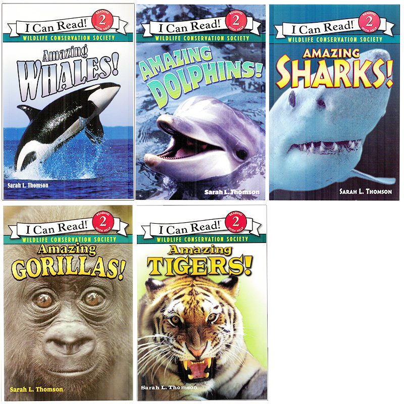 I can read 系列 英文原版绘本Amazing sharks gorillas whales Tigers Dolphins 5册动物科普系列英语启蒙入门分级读物icanread - 图0