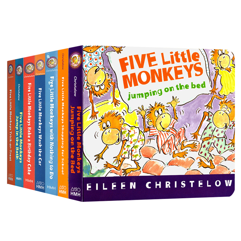 五只小猴子系列7册英文原版绘本 five little monkeys jumping on the bed在床上蹦蹦跳/洗汽车/做蛋糕等睡前故事纸板书廖彩杏书单 - 图3