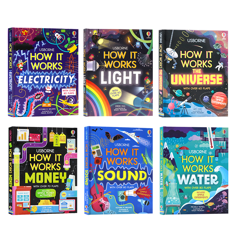 Usborne出品 它是如何运作的6册英文原版 How It Works Electricity/light/Sound/Money 声音是如何传播的 光的工作原理纸板翻翻书 - 图0