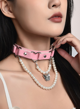 新款甜酷辣妹珍珠皮质项链