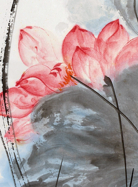 张大千荷花图新中式花鸟画装饰画禅意客厅玄关竖版走廊壁画挂画