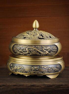 黄铜米缸纯铜香炉莲花山水底座圆形复古聚财摆件家居小铜器工艺品