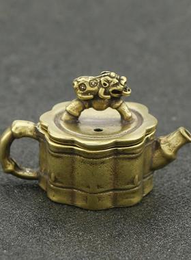 复古纯黄铜迷你貔貅盖竹节茶壶小摆件香炉水滴砚滴文玩