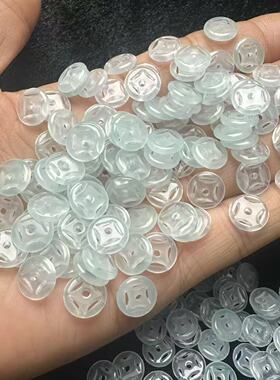 高冰翡翠色冰晴金钱扣冰种散珠子玉石diy编织玉饰品手串项链材料