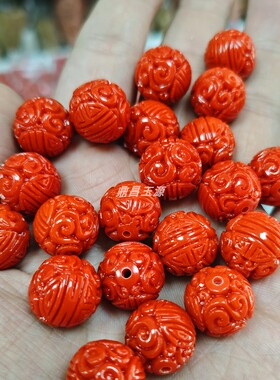 翡翠红翡16mm雕花大号龙珠圆珠散珠手链项链diy配件饰品串珠批发