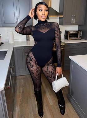 风2025年new women's clothing 高针蕾丝sexy 镂空黑色连体裤