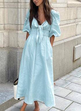 浅蓝色棉麻dress French women's clothing 2025autumn 泡泡袖高