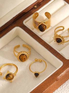 personality 虎眼石不锈钢ring 女retro 美拉德风天然石18kgildin