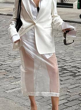 洋气白色网纱half skirt 女设计感小众中长款高腰直筒裙子women's