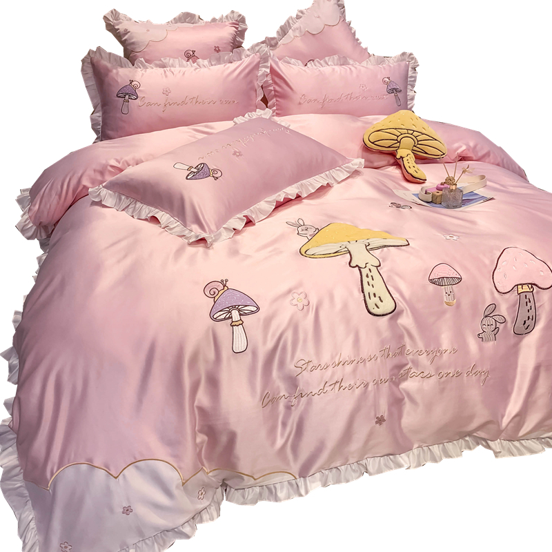 小清新床品四件套纯棉全棉公主风床单被套少女心粉色床上用品夏季