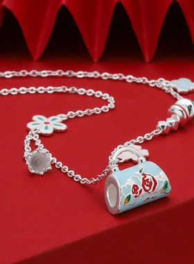 7498号足银990珐琅大号玫瑰花包包项链精致珐琅配饰百搭新中式