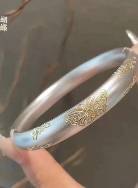 足银999.9电24K描金蝴蝶手镯重工复古闭口新中式镯子送女礼物