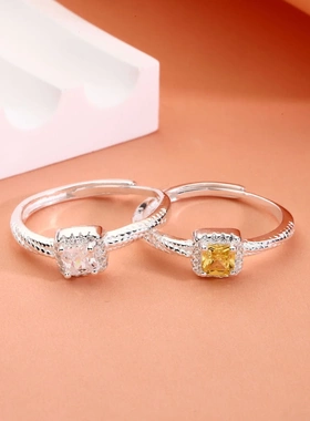 8605号足银990黄色锆石小方糖戒指纯银小众轻奢超闪麻花食指戒