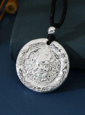 8502号足银990花丝黄财神麒麟吊坠男女款民族风藏式圆牌项链挂坠