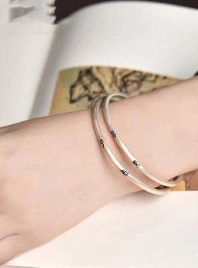 5314号银手镯女 9999足银开口平安喜乐叮当新中式手工古法银手镯