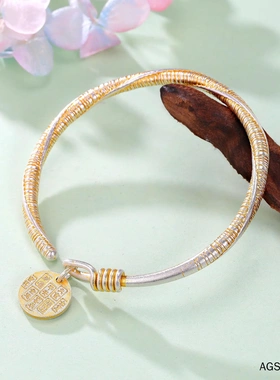 7135号足银999.9描金手工麻花黄财神实心银手镯描金国风直播爆款