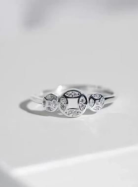 7210号足银990锆石金钱纯银戒指招财钱币个性设计简约开口转运指