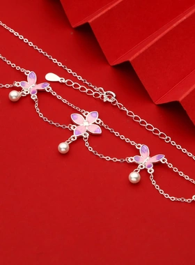 6714号足银990珐琅双层蝶恋花蝴蝶项链国风气质流苏长款立体项链