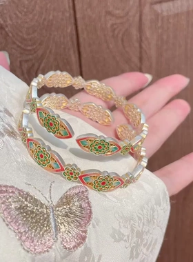 7577号足银999.9新中式描金宝相花手镯国潮风百搭轻奢复古国潮礼