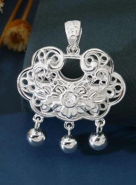8448号足银990镂空花丝牡丹花长命锁大小号个性民族风直播爆款