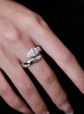 纯银990高定镶钻银色蛇戒指女高级感小众设计感轻奢开口可调节