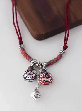 6762号999纯银原创设计吞金兽项链国风编绳百搭本命年长款红绳
