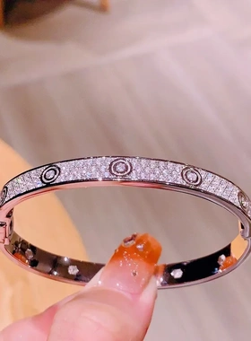 925银宽版满钻按扣圈圈手镯ins爆款S925银手镯百搭时尚款