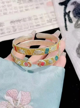 7151号足银9999描金珐琅猫爪招财猫珐琅彩吉言银镯子蛇年送礼