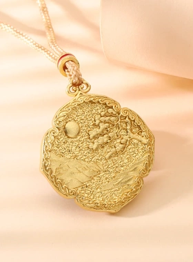 8815号足银999.9珐琅彩国风山水吊坠项链金色银色 新中式精致百搭