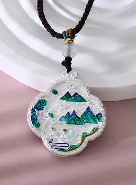 8585号足银999.9千里江山鸳鸯吊坠项链金色银色珐琅彩花丝项链