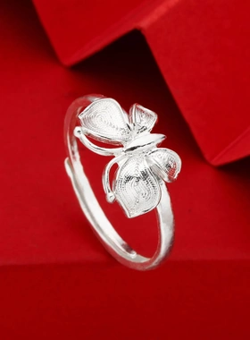 6137足银990花丝立体蝴蝶戒指女设计指环2023年新款小众食指直播